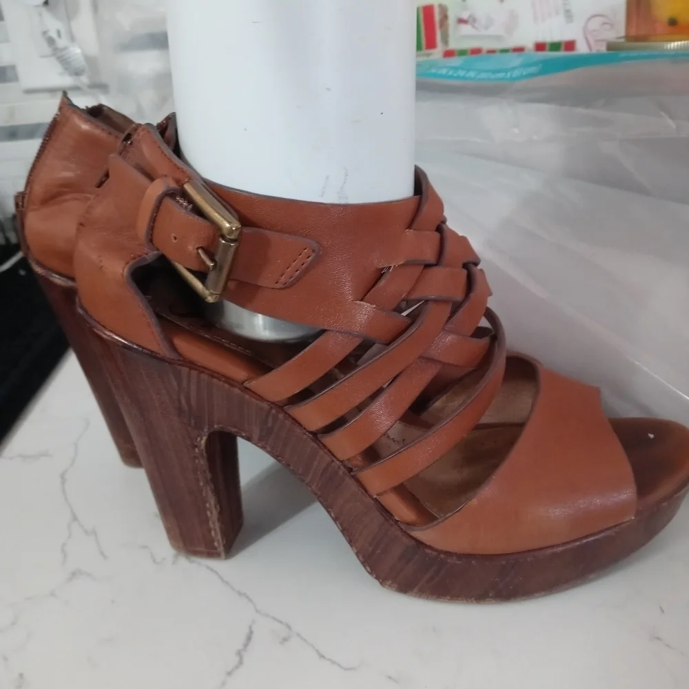 Sofft Ohana Wooden Platform camel Genuine Leather peep toe Heels 7.5